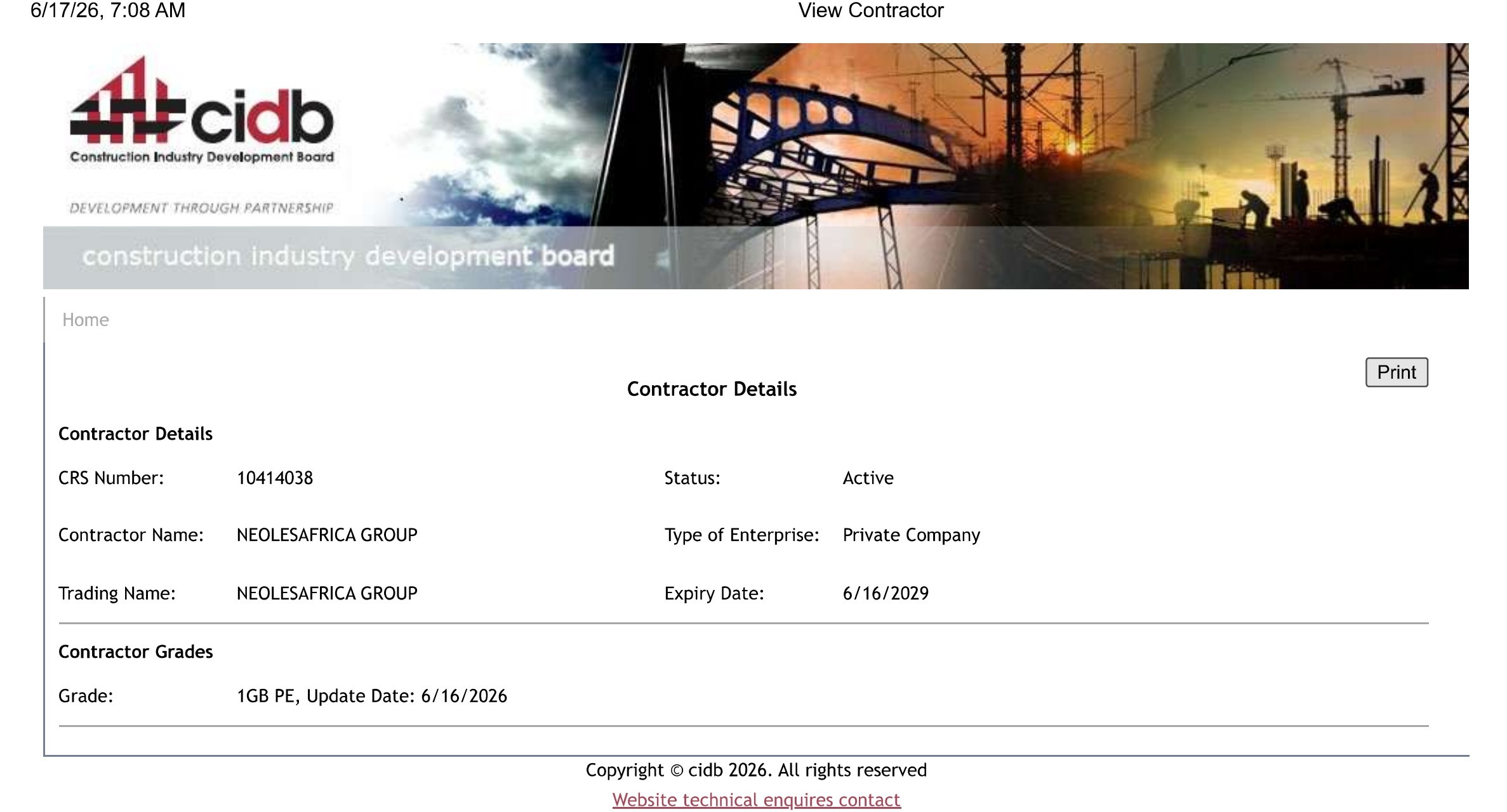 cidb grading certificate for NEOLESAFRICA GROUP, CRS number 10414038, grade 1GB PE, status active, expiry 16 June 2029